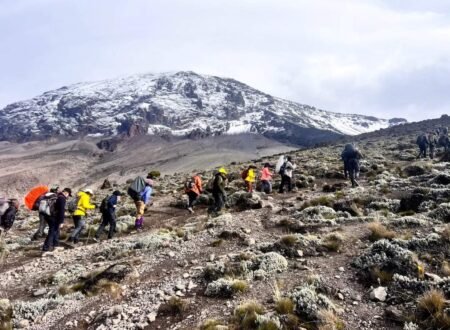 Hikers trekking on the slopes of Mount Kilimanjaro in Tanzania